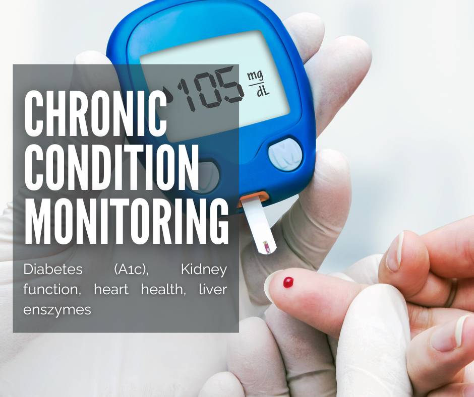 Diabetes (A1c), Kidney function, heart health, liver enszymes